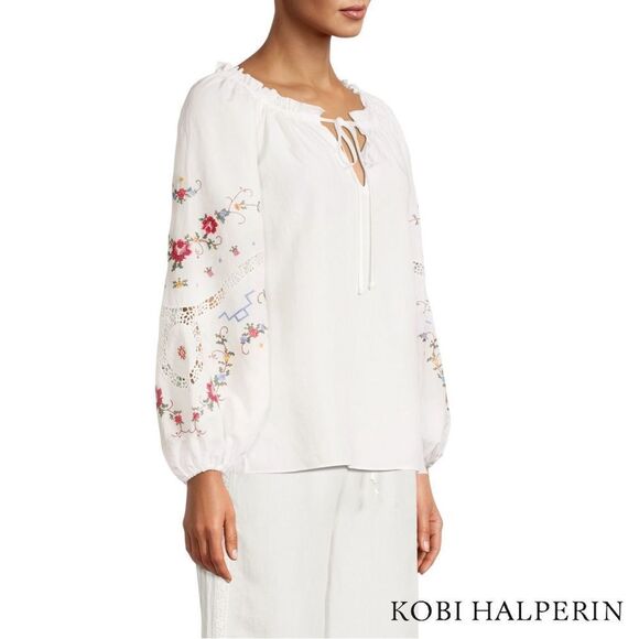 KOBI HALPERIN **NWT** Krissy Floral Embroidered Balloon-Sleeve Blouse in White - Picture 9 of 13